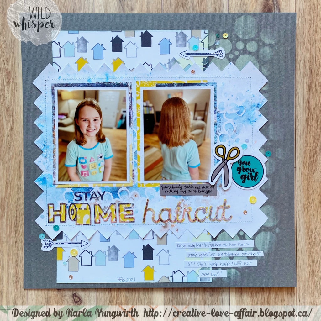 Stay Home Haircut Mixed Media Layout by Karla & Stencil Challenge!